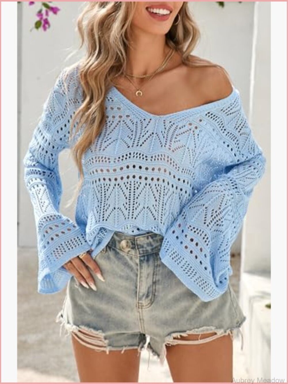 Crochet Off Shoulder Sweater Bell Sleeve Boho V-Neck - Picture 2 of 7